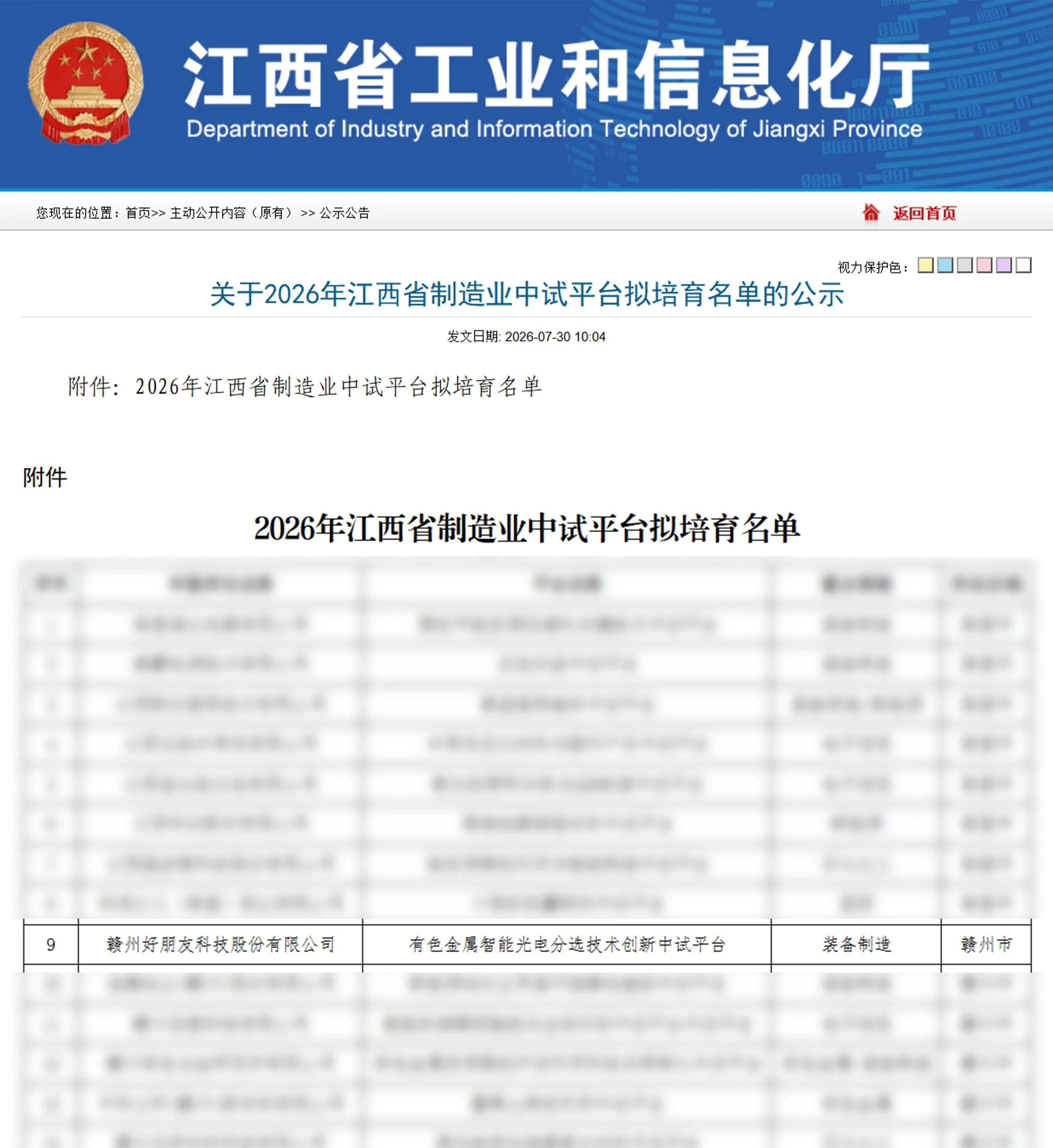 2026 年江西省制造业中试平台培育名单